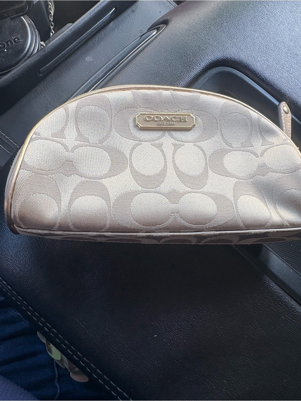 Coach Beige Signature Dome Cosmetic Pouch with Gold Trim